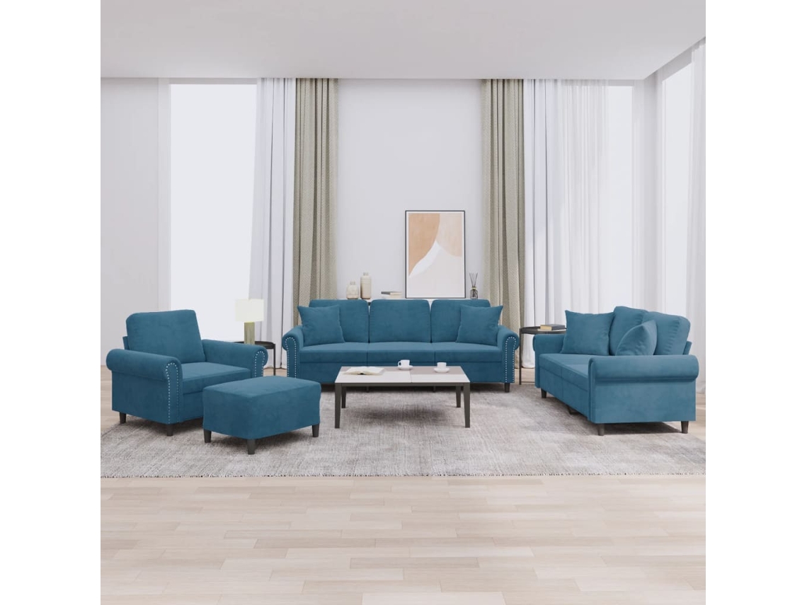 Vidaxl 4 Pcs Conjunto De Sofás Com Almofadas Veludo Azul