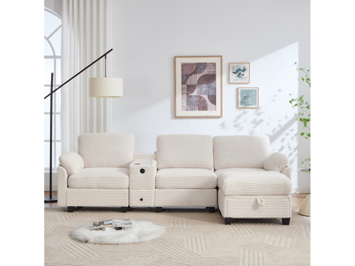 Sofá Veludo com espuma confortável, console central removível (2 porta-copos + espaço de armazenamento), USB-C, bolsa lateral, gaveta de armazenamento e Otomã