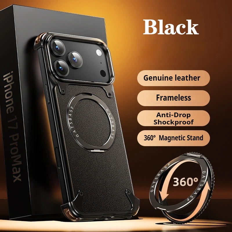 Capa Para Celular Em Couro Genuíno Preto, Compatível Com Magsafe E Suporte Magnético Giratório De 360°.