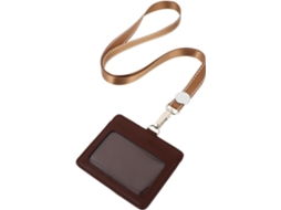 Porta-crachá horizontal em couro com suporte transparente e cordão resistente para identificação profissional e estudantil.