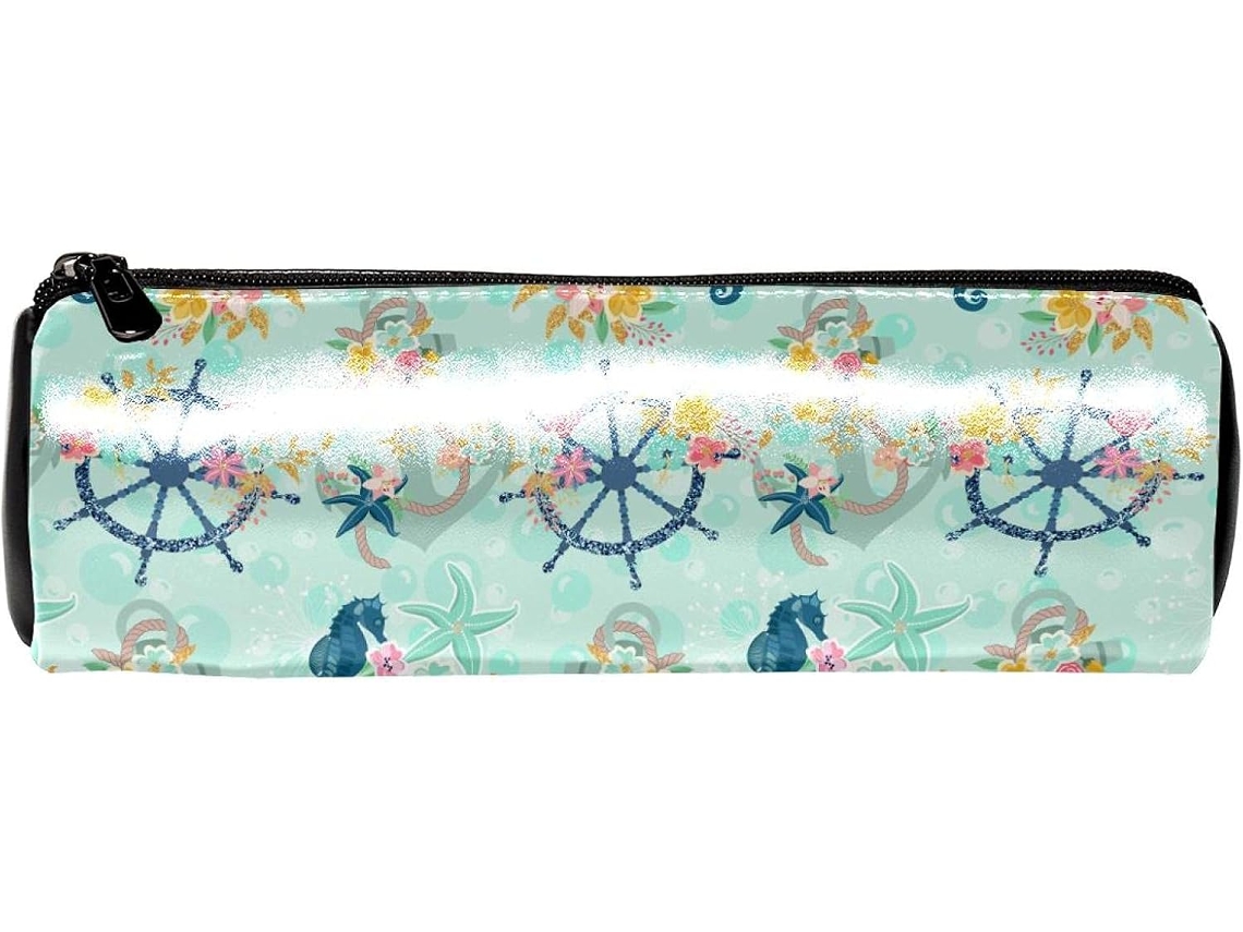 Estojo para lápis com estampa náutica de âncora, cavalo-marinho e flores, ideal para guardar material escolar.