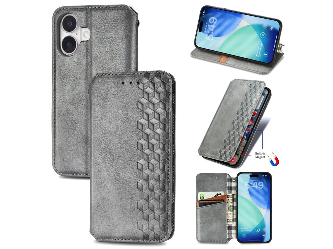 Capa De Couro Para Iphone 17 Com Design De Grade Cúbica E Fecho Magnético.