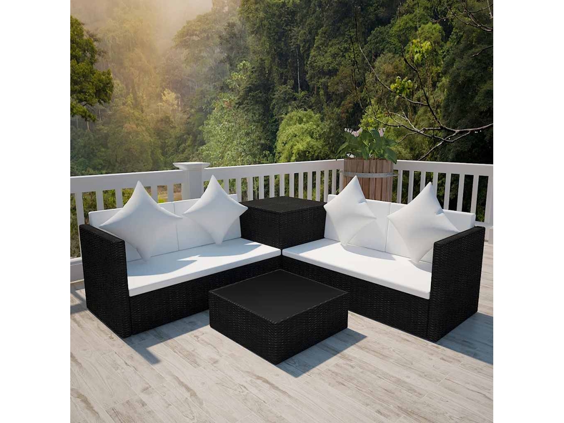 Vidaxl 4 Pcs Conjunto Lounge De Jardim C/ Almofadões Vime Pe Preto