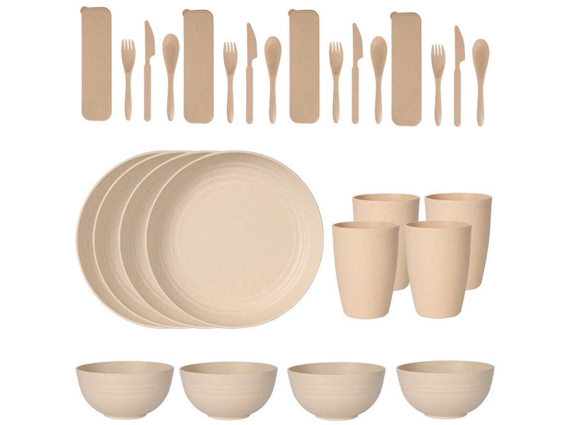 Conjunto de Talheres de Plástico Bege com 24 Peças, Incluindo Pratos, Copos, Colheres e Facas. MDUG