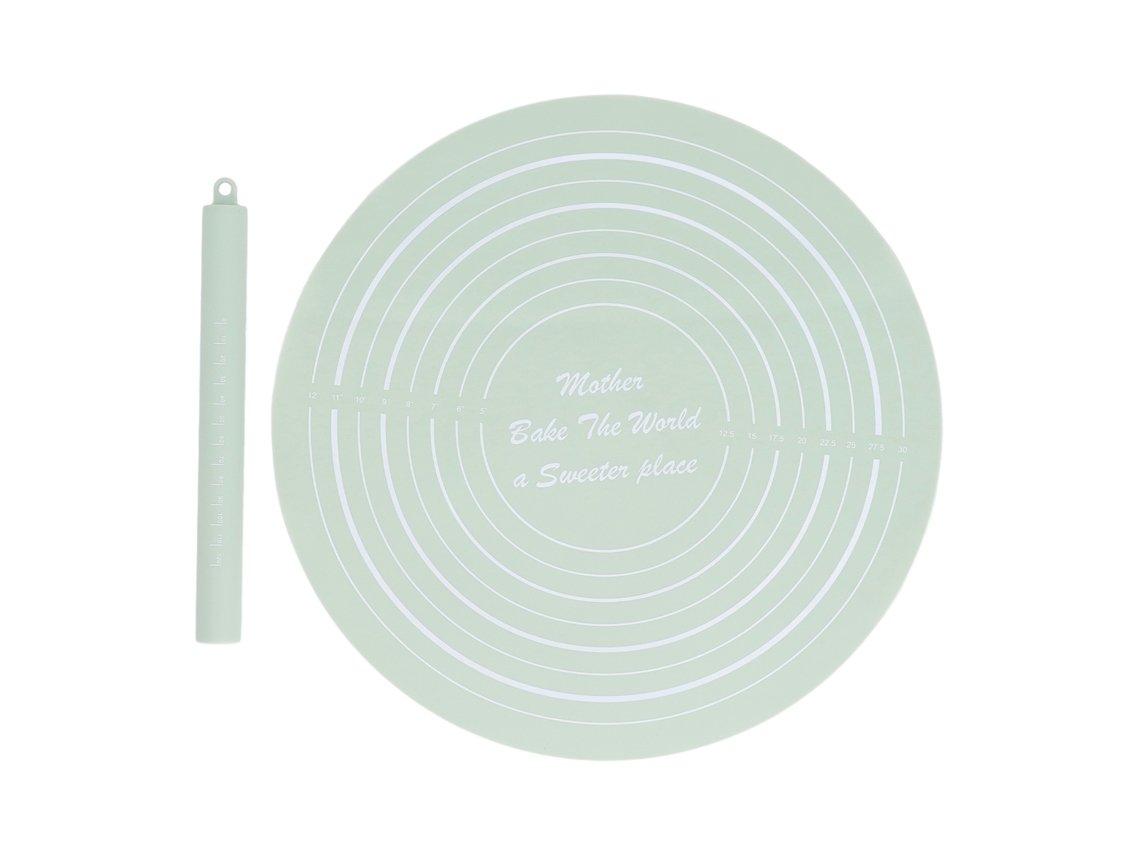 Conjunto de Rolo de Massa com Medidas Rolo Antiaderente e Tapete de Silicone para Cozinha Verde