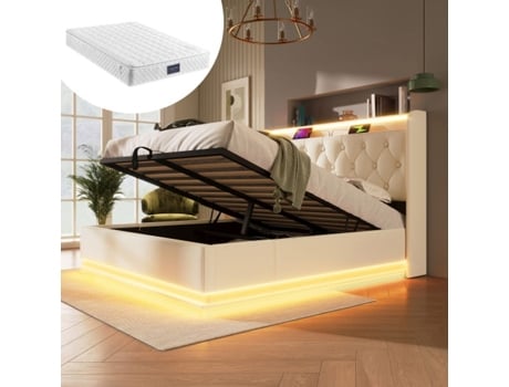 Cama De Casal Com Cabeceira Estofada E Led 360 Envolvente, 140200cm, Material Pu Branco, Cabeceira Estofada Com Usb Type-c (com Colchão)