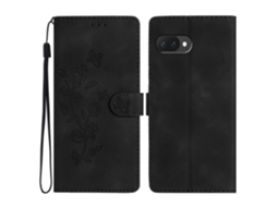 Capa De Couro Com Estampa De Flores E Alça De Pulso Para Google Pixel 9a - Preto