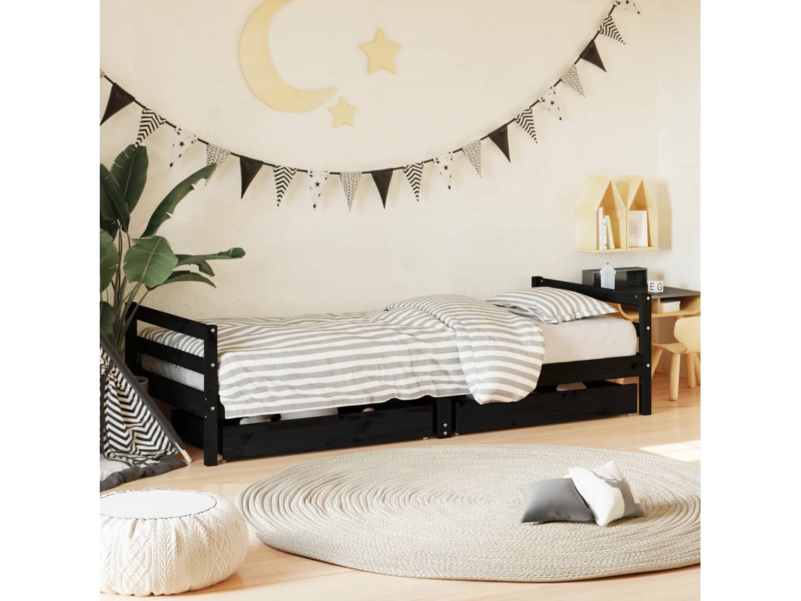 Vidaxl Estrutura Cama Infantil C/ Gavetas 90x200 Cm Pinho Maciço Preto