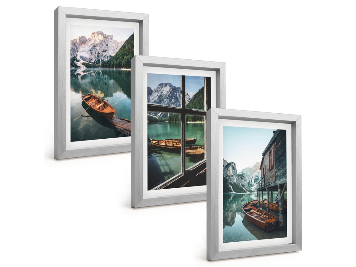 Composição De Quadros Na Paredelago De Montanha, Barcos, Casa Moldura Prateada Quadros Para A Sala De Estar Espelharte (3 Peças 20x30 Cm)