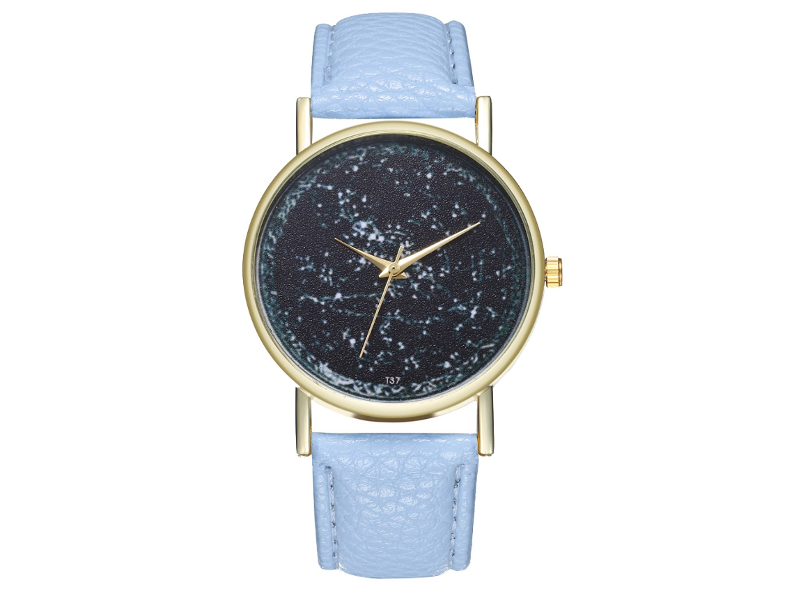 Relógio de quartzo unissex com pulseira de couro PU, mostrador moderno e estampa do universo em azul claro.