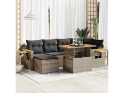 Vidaxl 7 Pcs Conjunto Sofás Jardim Almofadões Vime Pe/acácia Cinzento