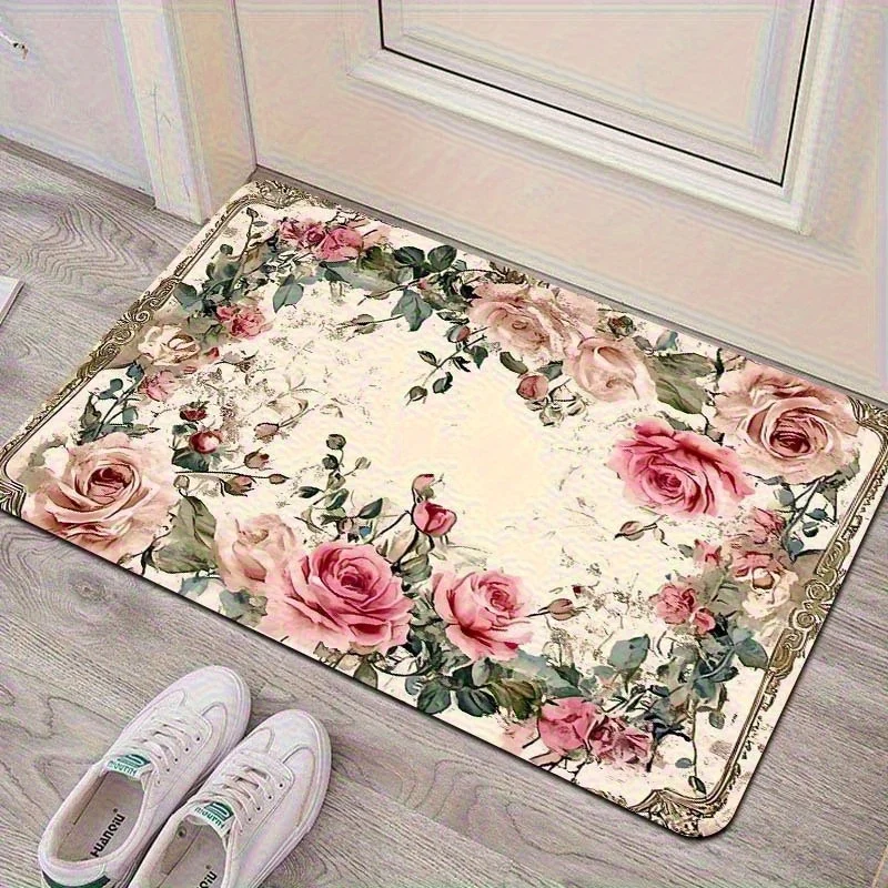 Tapete De Entrada Com Estampa Floral Retrô De Rosas (50 X 80 Cm), Antiderrapante E Lavável À Máquina.