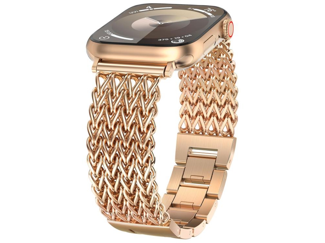 Bracelete Para Apple Watch 46/49/45/44mm - Aço Inoxidável Trançado Espinha De Peixe Ouro Rosa