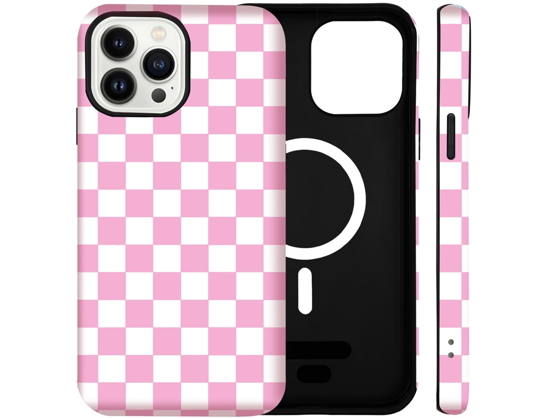 Capa Para Iphone 16 Pro Max Compatível Com Magsafe (pc Rígido + Silicone) - Rosa E Branca (xadrez)