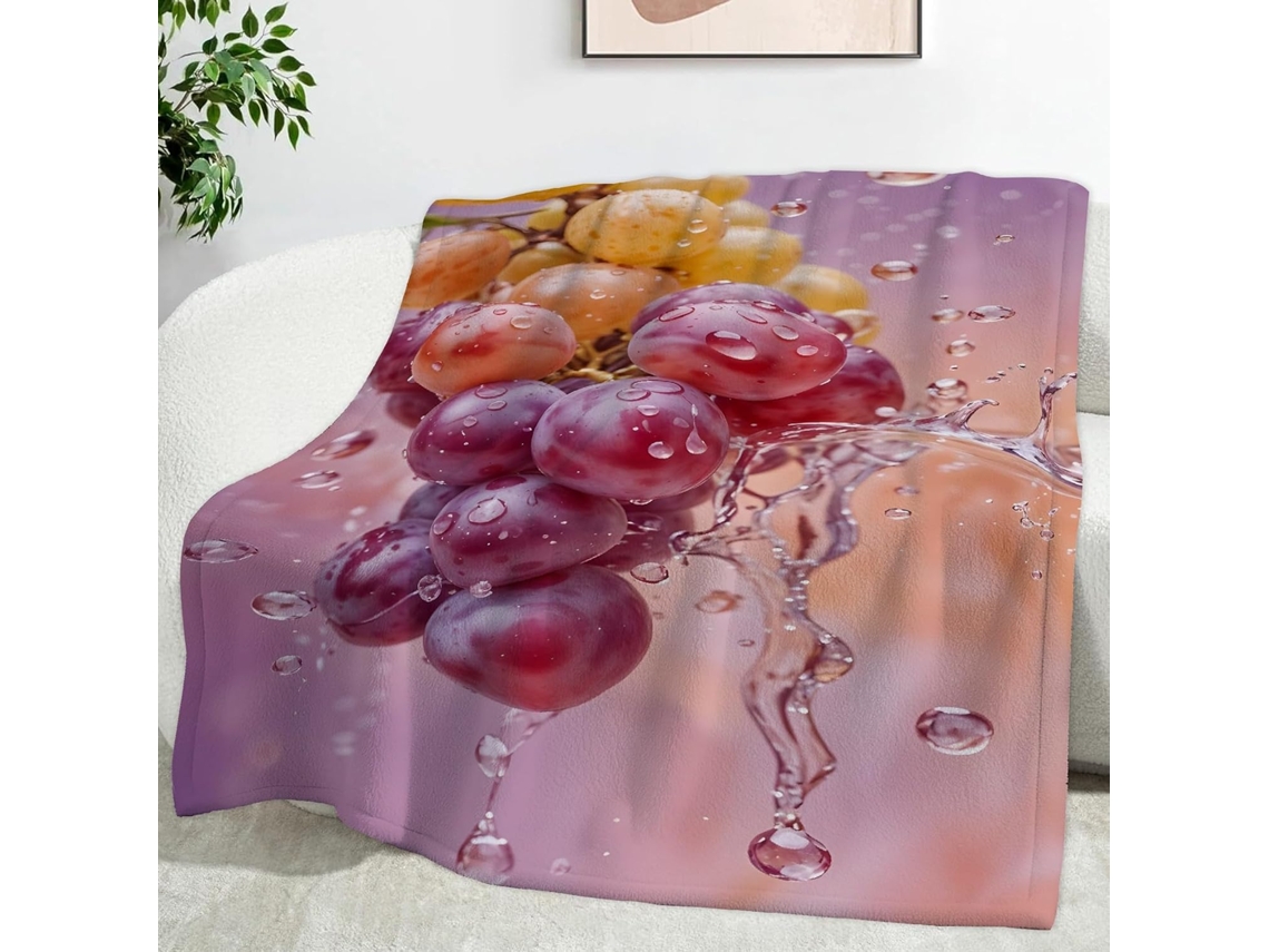 Manta com Estampa de Uvas e Gotas D'água 150x200 Cm Multifuncional Macia Aconchegante em Flanela Ideal para Ca
