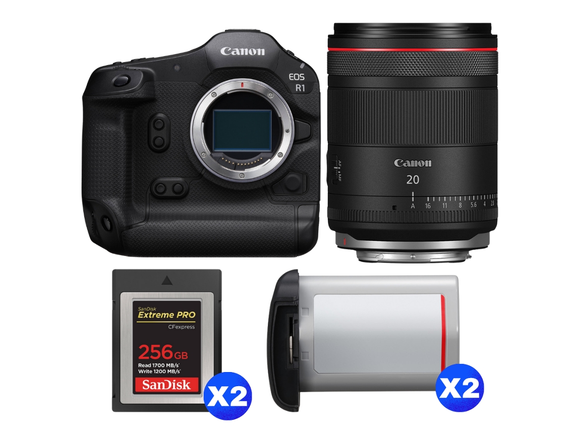 Eos R1 + Rf 20mm F/1.4 L Vcm + 2 Sandisk 256gb Extreme Pro Cfexpress Type B + 2 Canon Lp e19 + Ebook “20 Dicas para Fotos Que Impressionam” CANON