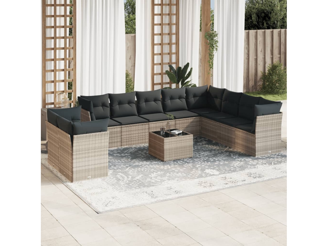 Vidaxl 11 Pcs Conjunto Sofás De Jardim C/ Almofadões Vime Pe Cinzento