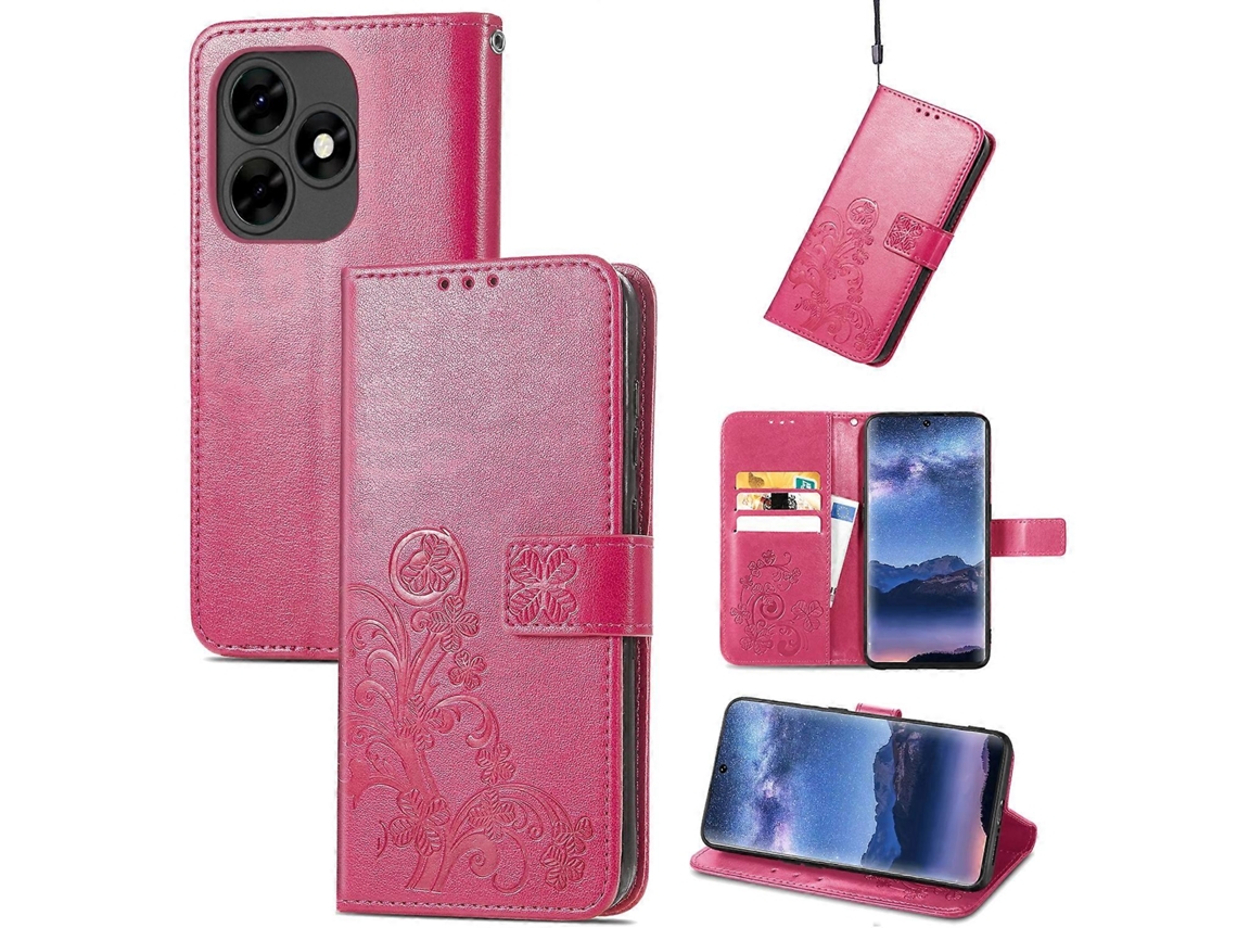 Capa De Couro Para Celular Com Fecho De Quatro Folhas E Fivela Em Relevo
