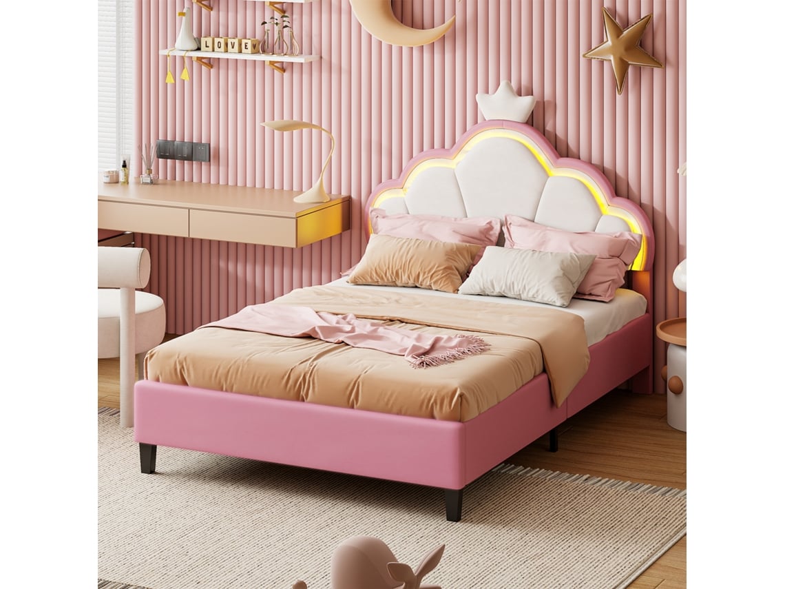 Cama Casal Infantil 140x200cm Com Cabeceira Coroa Nuvem E Fita Luz Led Rgb - Controlo Por App, Altura Ajustável, Veludo Rosa E Branco, Estilo Princesa
