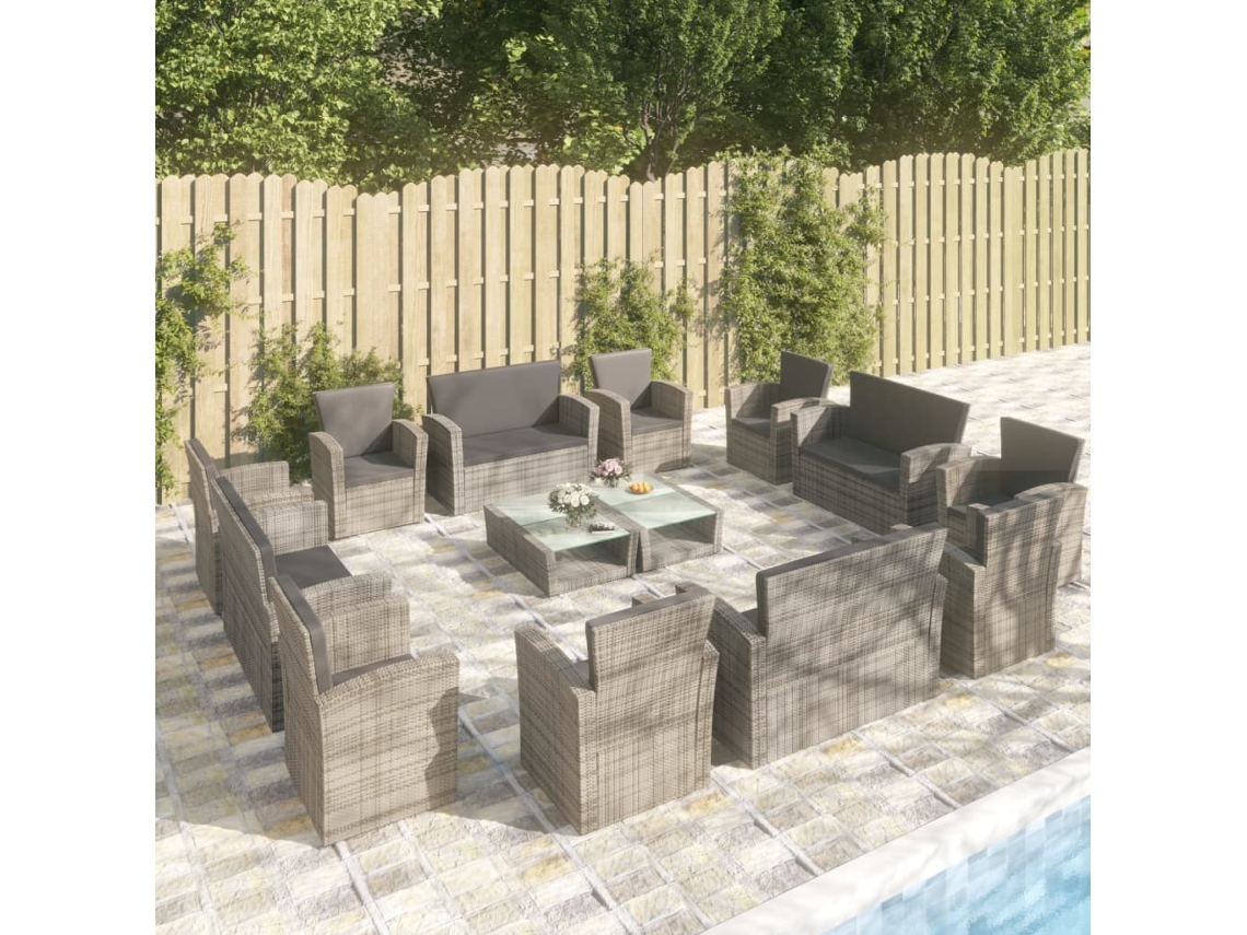 Vidaxl 16 Pcs Conjunto Lounge De Jardim C/ Almofadões Vime Pe Cinzento