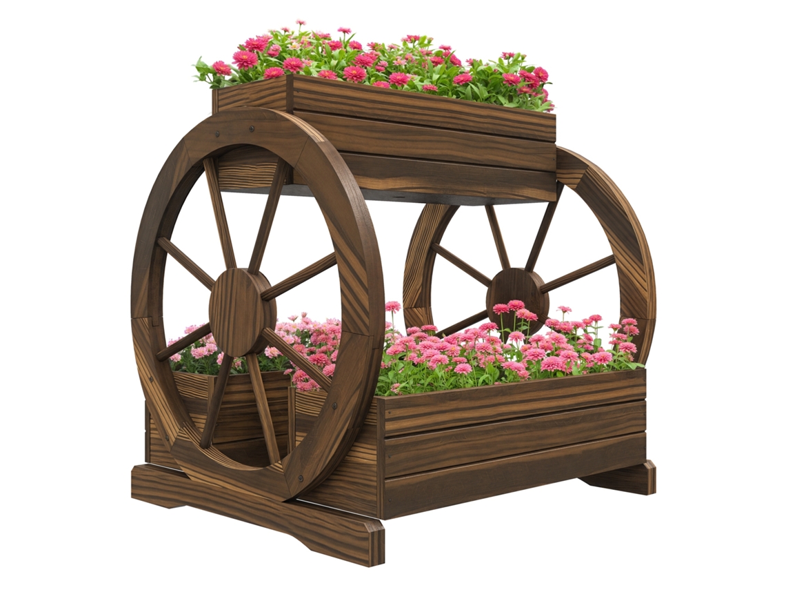 Vaso de Flores de Madeira para Exterior, 2 Níveis, com 3 Vasos e Rodas, estilo Country, 64x54x60cm | S/MARCA