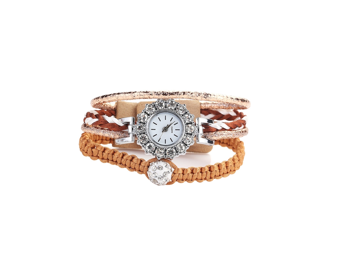 Relógio de Pulso Feminino Fashion de Couro Pu com Strass e Movimento de Quartzo Marrom