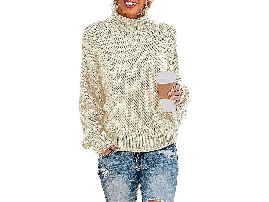 Blusa de malha 2026, tamanho G, cor bege, gola alta, manga comprida, tecido texturizado, ideal para o inverno.