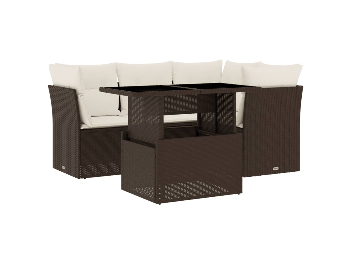 Conjunto 5 sofás p/ jardim c/ almofadões VIDAXL vime PE castanho
