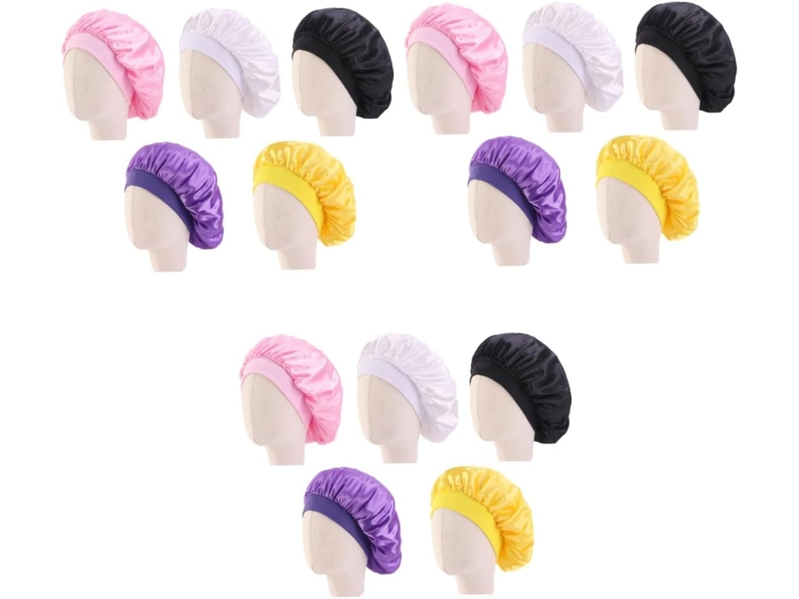 Conjunto De 15 Gorros De Cetim Para Meninos E Meninas Nas Cores Amarelo, Preto, Branco E Rosa - Gorros De Aba Larga Para Dormir