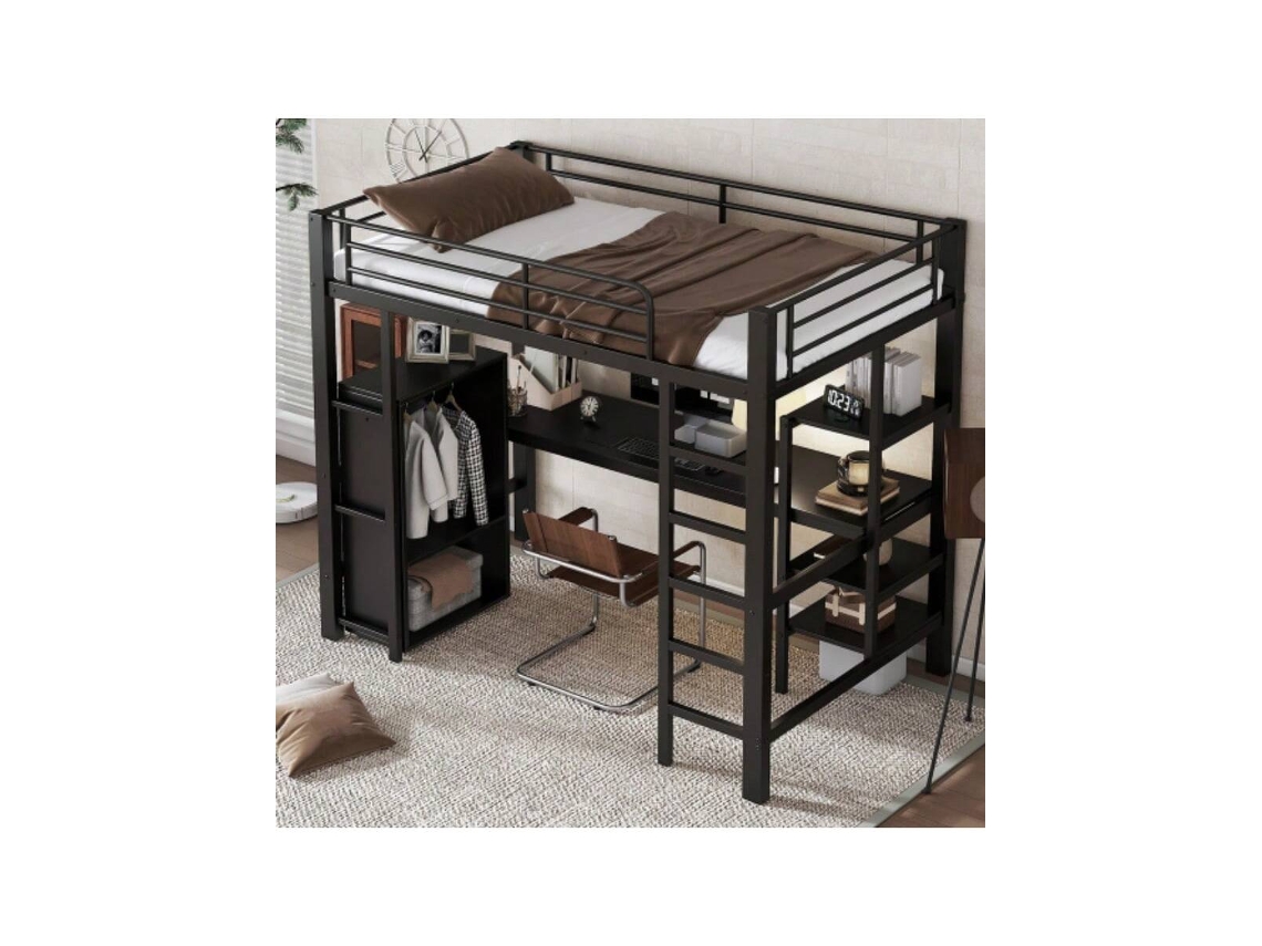 Beliche Metálico 90x200cm Preto Com Secretária, Guarda-roupa E Escada Com 5 Degraus, Estrutura Em Ferro E Aglomerado.
