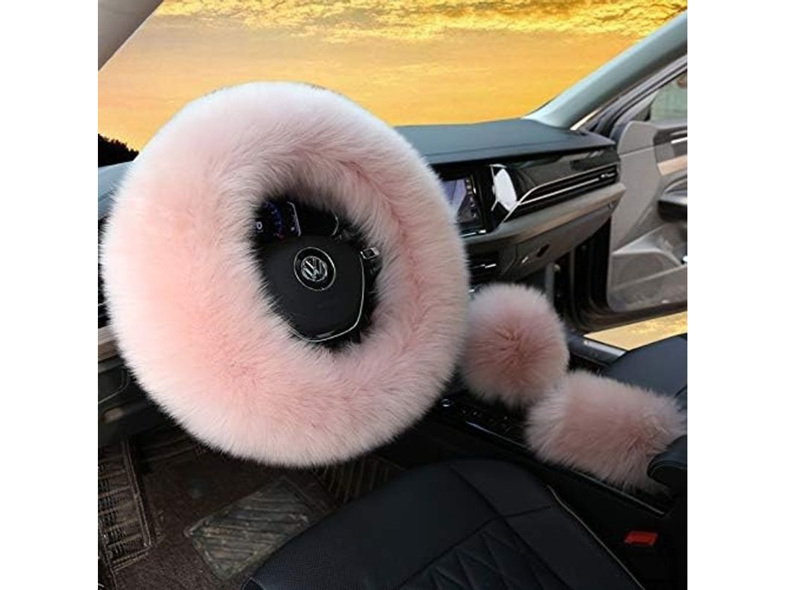 3 Peças Conjunto Capa Do Volante Couro Lã Mulher Inverno Rosa Fluffy Carro Suv