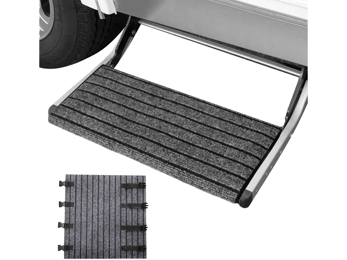 Tapete para porta de carro/camping com fivela ajustável e faixas antiderrapantes.