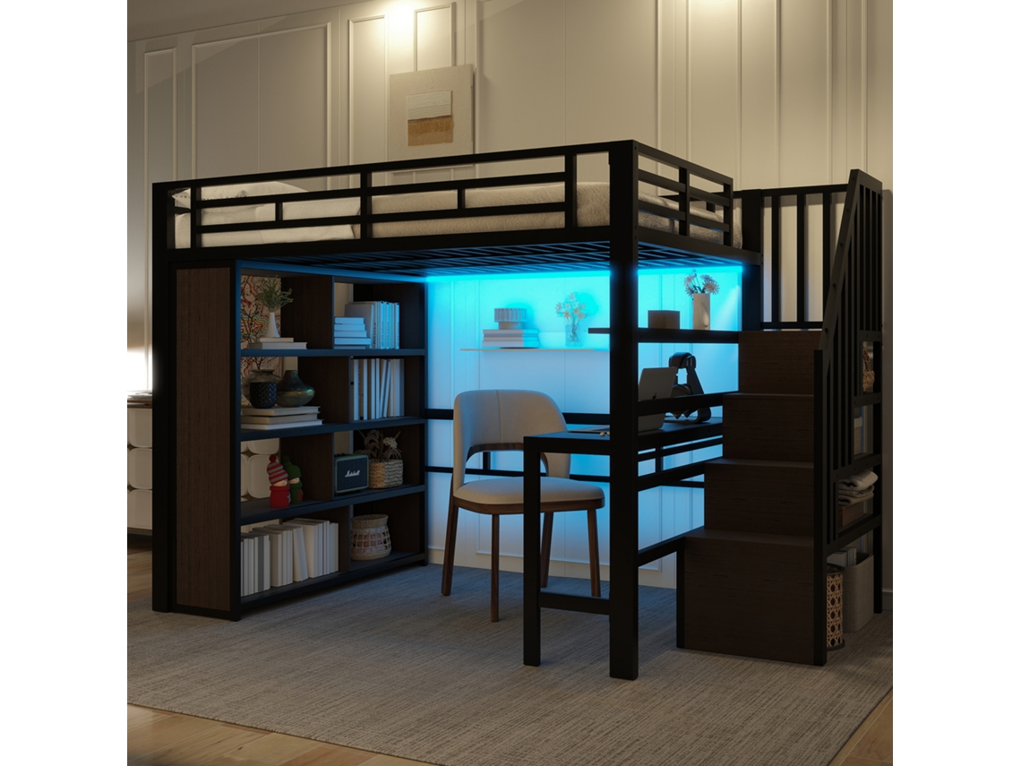 Cama Elevada 140x200cm Com Escrivaninha Gaveta Led Estantes Aço Preto