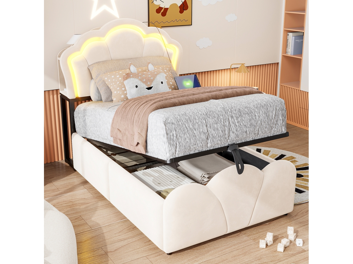 Cama Estofada Em Veludo Bege 102.5x223 Cm
