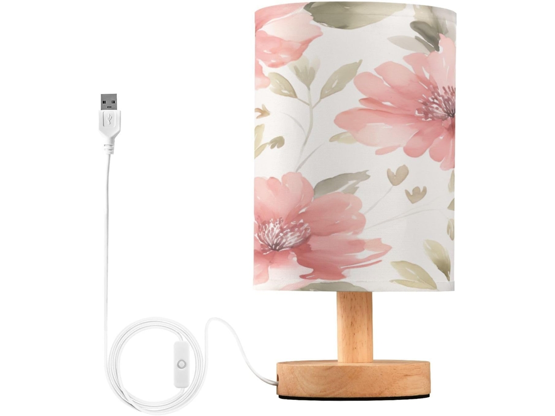 Abajur De Cabeceira Com Estampa Floral Em Aquarela, Portas De Carregaje USB C, Luminária De Mesa Cabeceira, Luminária