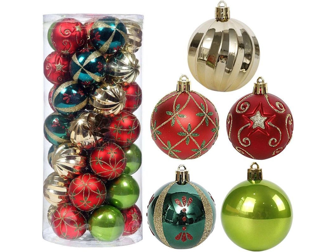 Adornos Para Árbol De Navidad, Conjunto De 35 Bolas De Navidad 2.36" Rojo Verde Y Oro Resistente A Roturas