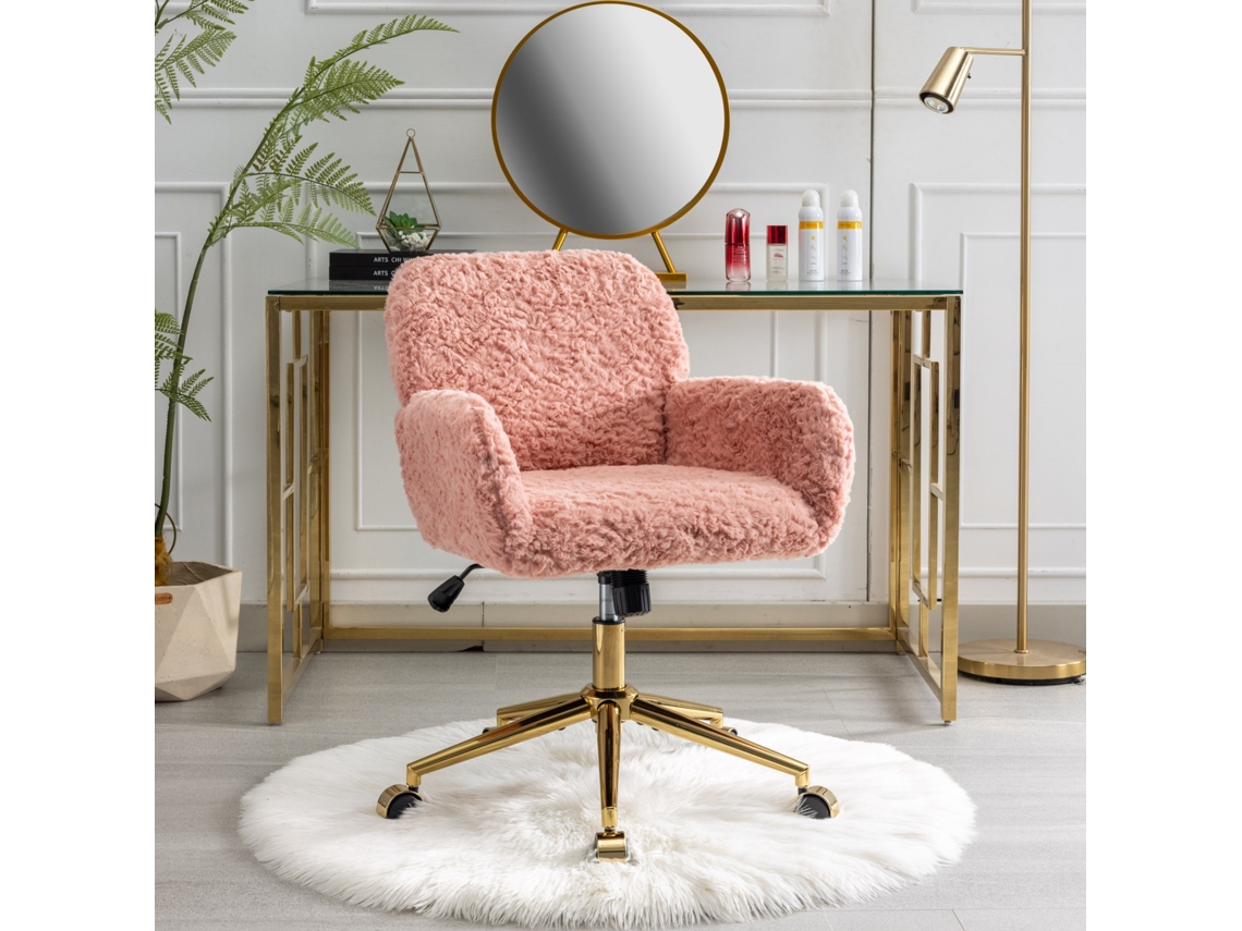 Cadeira De Maquiagem Em Pelo Sintético De Coelho Rosa, Giratória Regulável, Braços, Base Metálica Dourada Ref.de1831pk