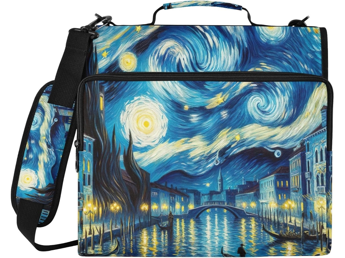 Pasta organizadora com 3 argolas, estampa retrô Veneza Noite Estrelada Azul, compartimento com zíper.