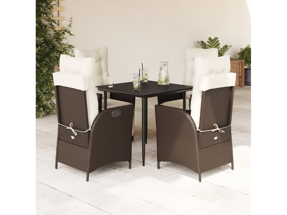 Vidaxl 5 Pcs Conjunto Jantar P/ Jardim C/ Almofadões Vime Pe Castanho