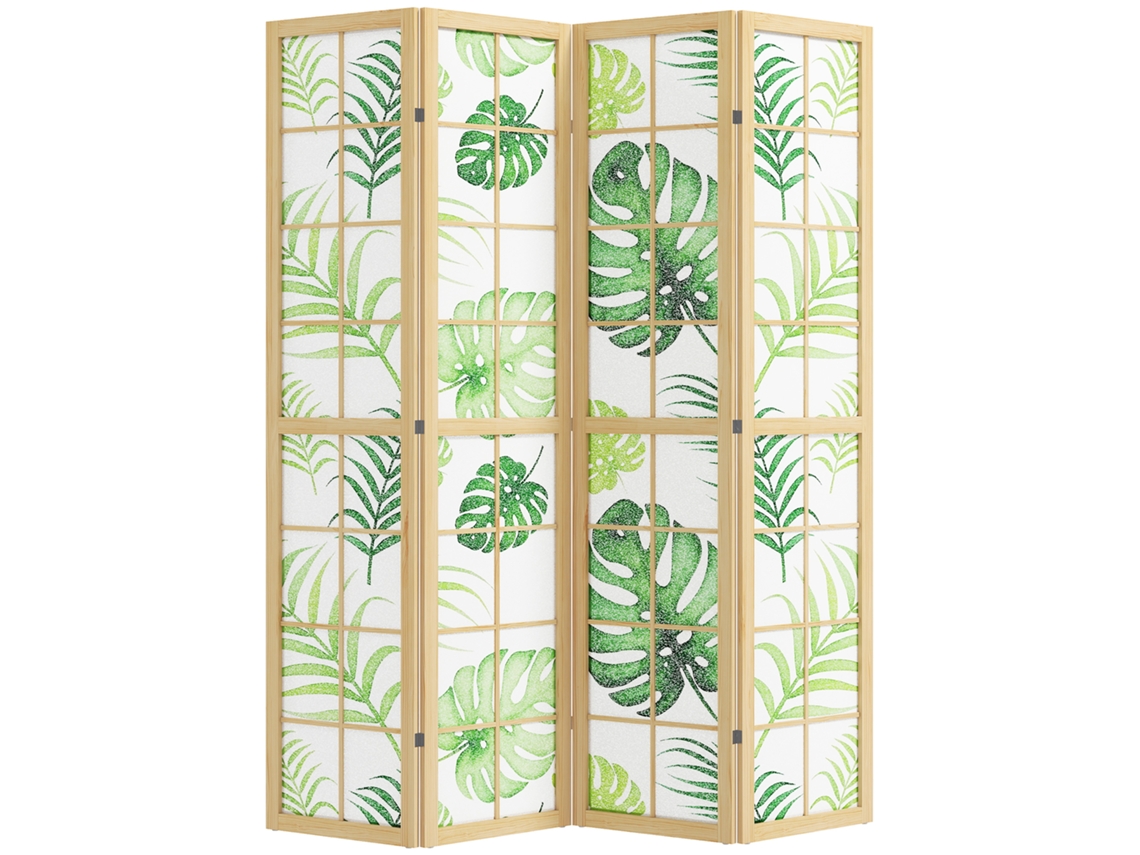 Divisória de Ambiente 4 Painéis,dobrável,estilo Boho,motivo Tropical,painel Autônomo com Moldura de Madeira,verde BTFORUS