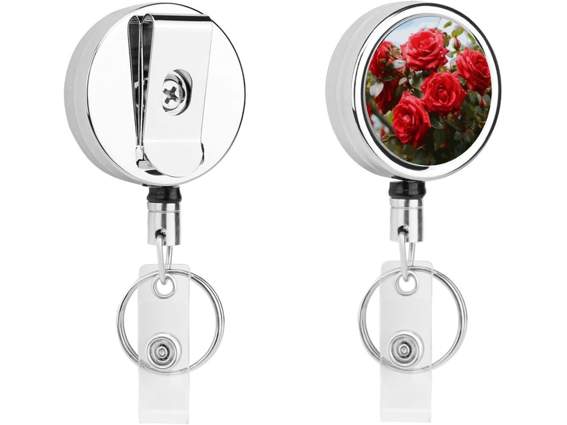 Porta Crachá Retrátil Com Clipe Cinto E Argola Chaveiro, Em Formato De Roseira Vermelha No Jardim Clipe De Metal