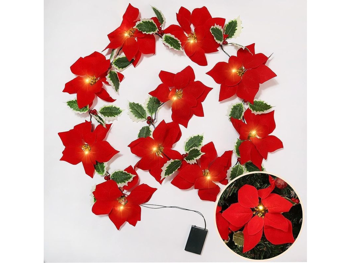 Guirlanda de Natal com Luzes e Poinsettias, Operada por Baterias | S/MARCA