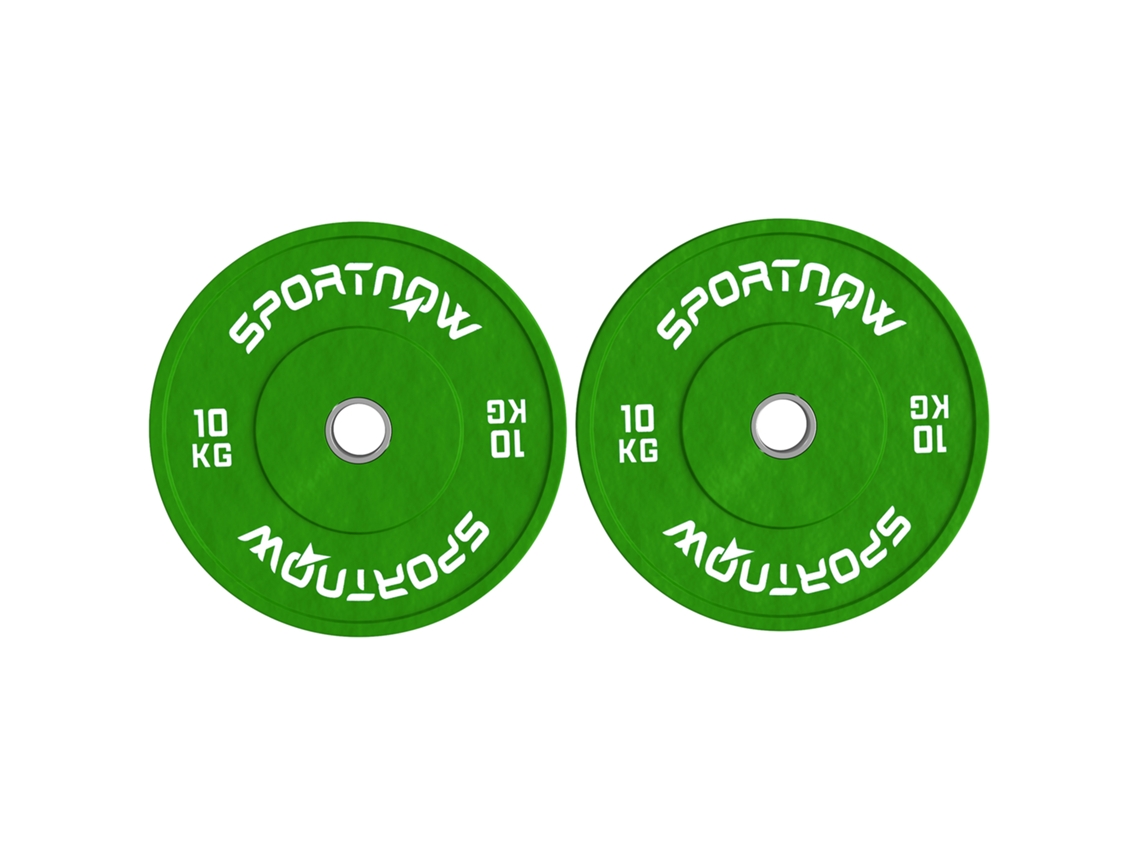 Kit 2 discos de peso 10kg em borracha com furo de 5cm para halteres e barras verde BTFORUS
