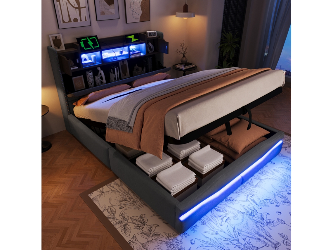 Cama estofada 140x200 cm com USB-C, faixa de LED, cabeceira com espaço de armazenamento, compartimento hidráulico, cinza VSOGA