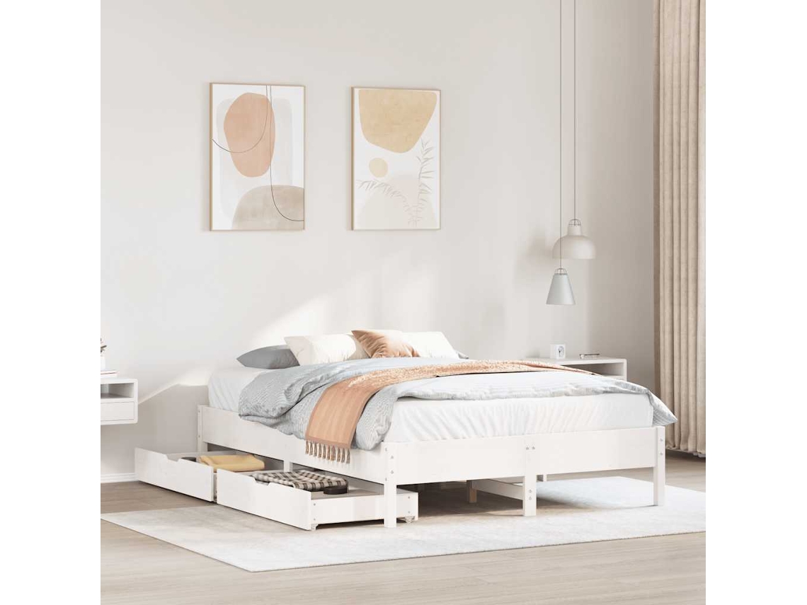 Vidaxl Cama Sem Colchão 135x190 Cm Madeira de Pinho Maciça Branco