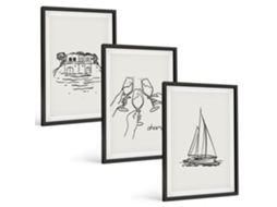 Composição De Quadros Na Parede Casa À Beira-mar, Veleiro E Brinde Moldura Preta Fotos Para O Escritório Espelharte (3 Piezas De 40x60 Cm)