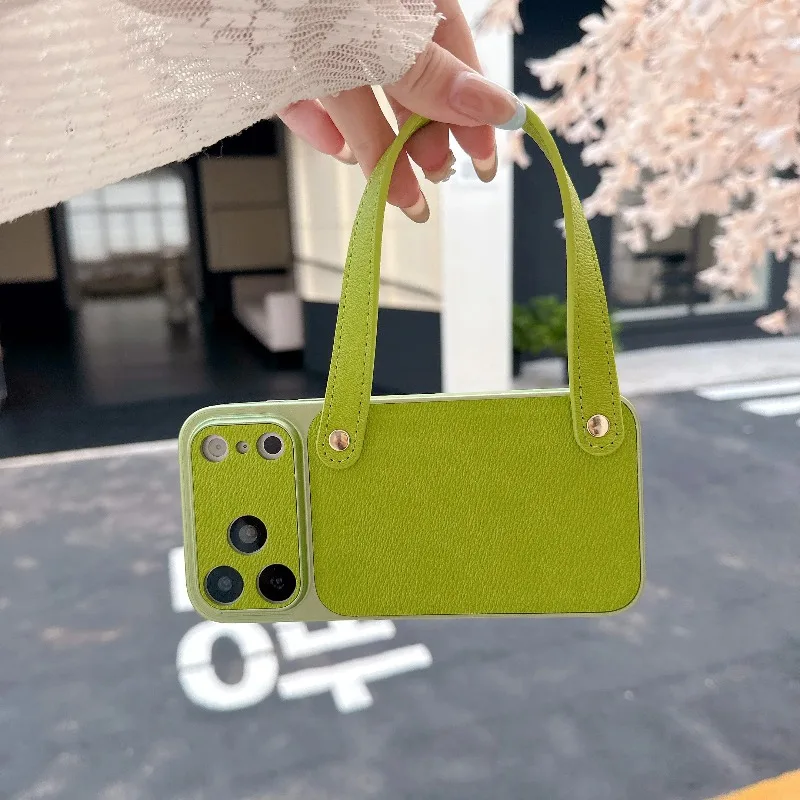 Capa De Couro Genuíno Para Iphone 14 (verde) Com Alça De Pulso, Resistente A Impactos E Portátil.