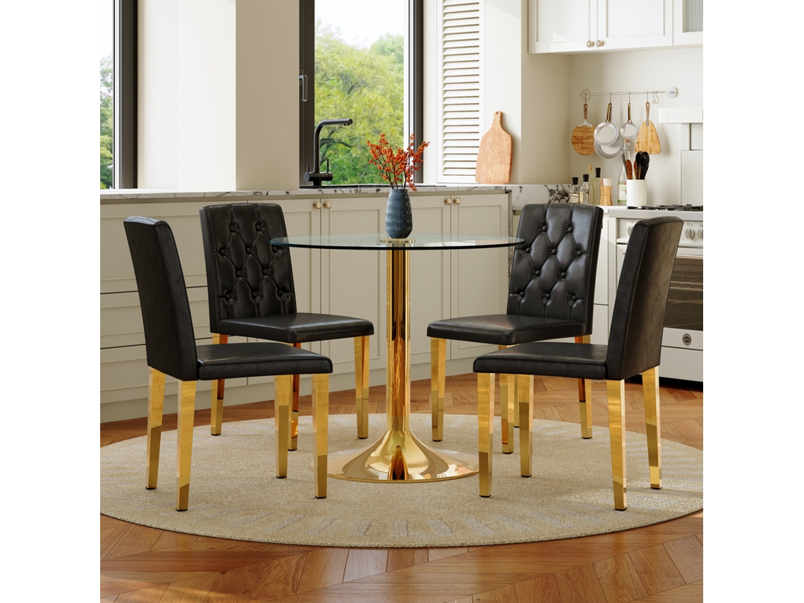 Mesa Vidro 85cm Dourada C/ 4 Cadeiras Pretas/dourado VOLTEDGE