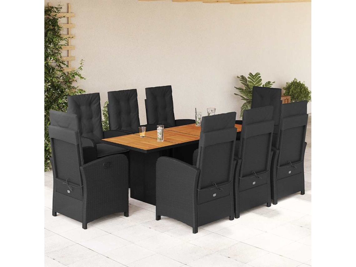 Vidaxl 9 Pcs Conjunto De Jantar P/ Jardim C/ Almofadões Vime Pe Preto