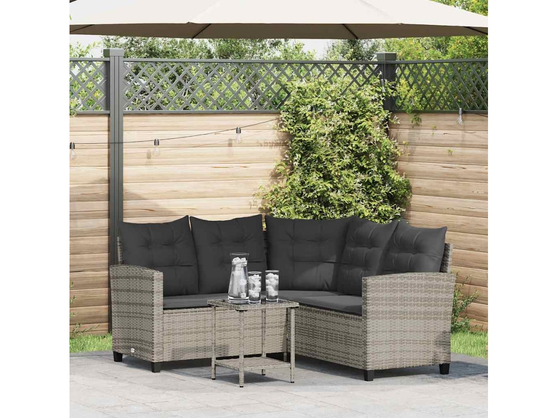 Vidaxl Sofá De Jardim Forma De L C/ Mesa E Almofadões Vime Pe Cinzento